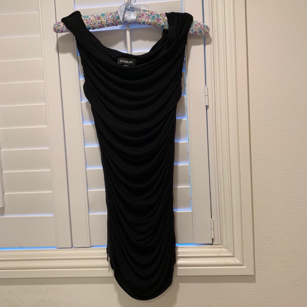 Bebe ruched black mini dress w/ side zippers